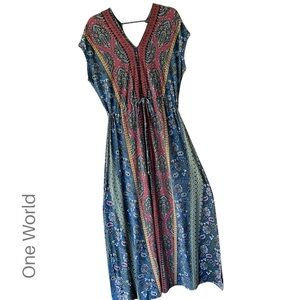 ONE WORLD | NWOT PAISLEY MAXI DRESS TIE WAIST OPEN BACK BLUE YELLOW RED | LARGE